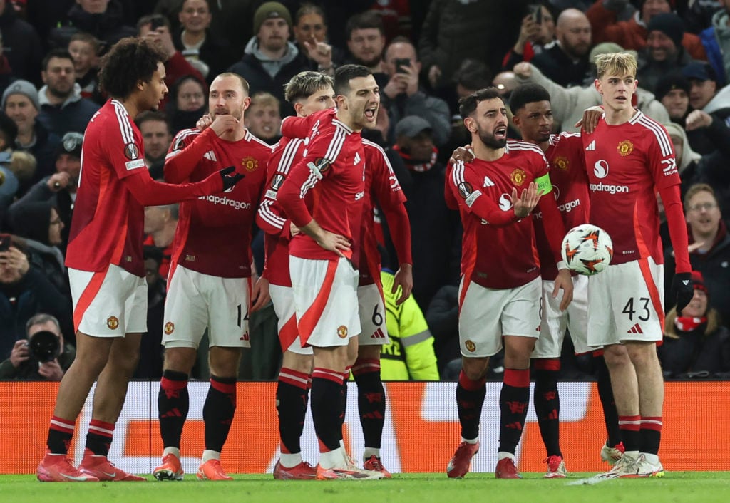 Christian Eriksen of Manchester United celebrates with his team-mates after his corner is turned in for an own goal by Jack Butland of Rangers duri...