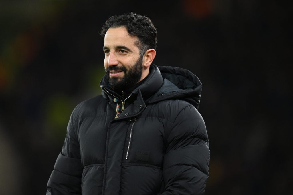 Ruben Amorim, manager of Manchester United smiles during the UEFA Europa League 2024/25 League Phase MD7 match between Manchester United and Ranger...