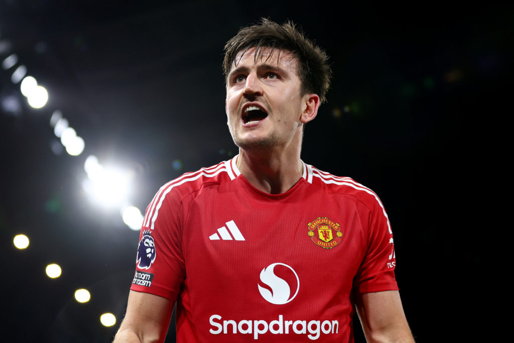 Harry Maguire of Manchester United reacts during the Premier League match between Fulham FC and Manchester United FC at Craven Cottage on January 2...