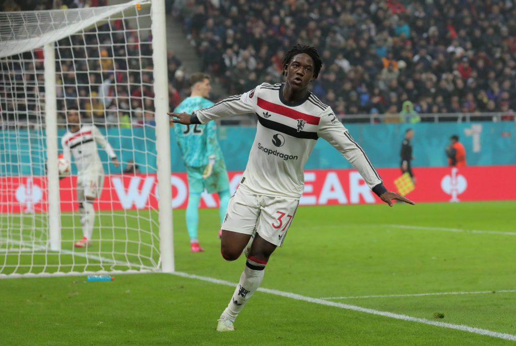 Kobbie Mainoo of Manchester United celebrates scoring his team's second goal during the UEFA Europa League 2024/25 League Phase MD8 match between F...