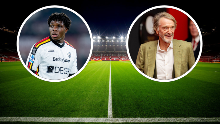 Old Trafford general shot background. Inset, Patrick Dorgu in white Lecce kit, inset Sir Jim Ratcliffe smiles in beige suit
