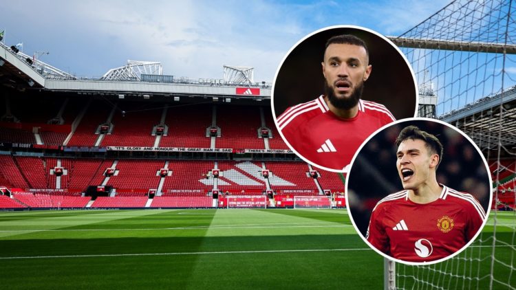 Old Trafford interior background, inset Manuel Ugarte and inset Noussair Mazraoui