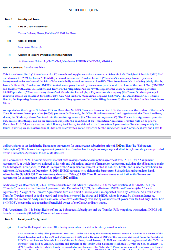 Manchester United Securities and Exchanges Commission (SEC) filing showing transfer of shares from Sir Jim Ratcliffe to INEOS