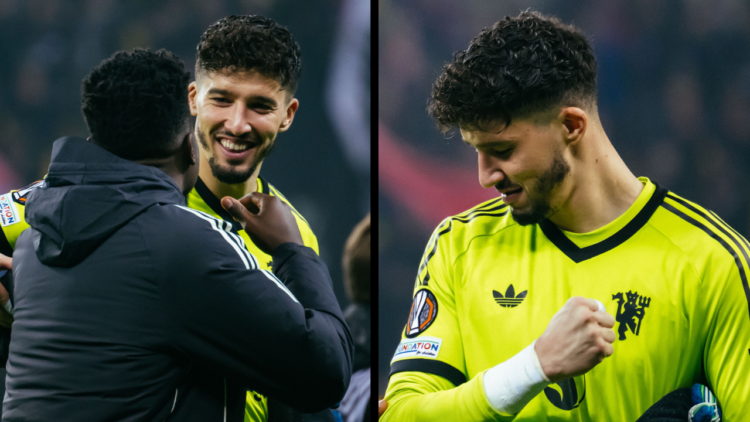 BUCHAREST, ROMANIA - JANUARY 30: Altay Bayindir of Manchester United reacts with team-mate Andre Onana at the end of the UEFA Europa League 2024/25...