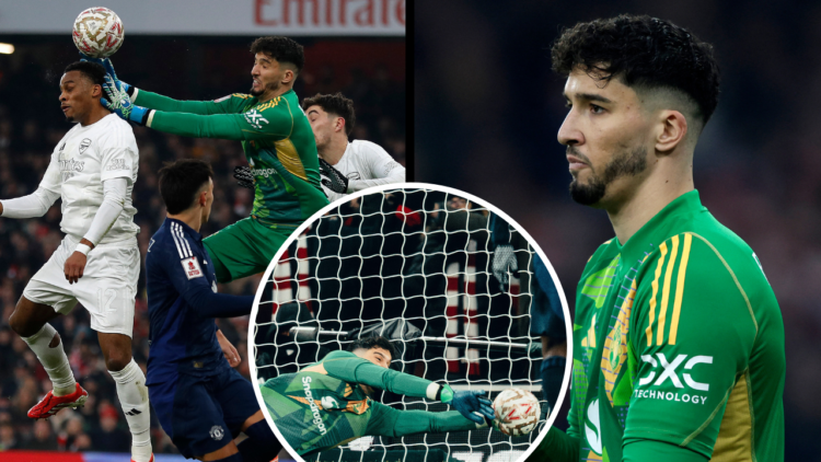Manchester United's Turkish goalkeeper #01 Altay Bayindir reacts during the English FA Cup third round football match between Arsenal and Mancheste...