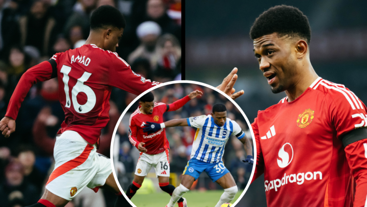 MANCHESTER, ENGLAND - JANUARY 19: Amad Diallo of Manchester United reacts during the Premier League match between Manchester United FC and Brighton...