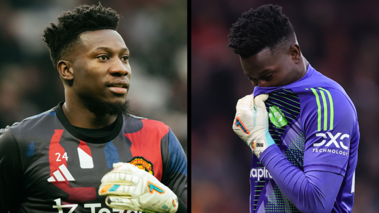 MANCHESTER, ENGLAND - JANUARY 19: Manchester United goalkeeper Andre Onana reacts after conceding during the Premier League match between Mancheste...