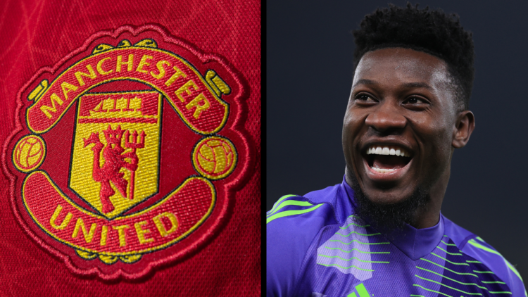 MANCHESTER, ENGLAND - JANUARY 16: Manchester United goalkeeper Andre Onana laughs and smiles during the Premier League match between Manchester Uni...