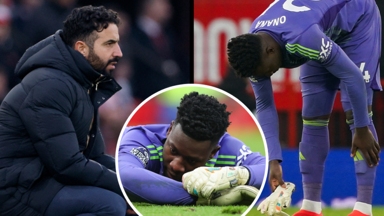Manchester United's Cameroonian goalkeeper #24 Andre Onana reacts at the end of the English Premier League football match between Manchester United...