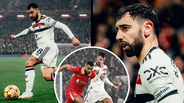 LIVERPOOL, ENGLAND - JANUARY 05: Bruno Fernandes of Manchester United in action during the Premier League match between Liverpool FC and Manchester...