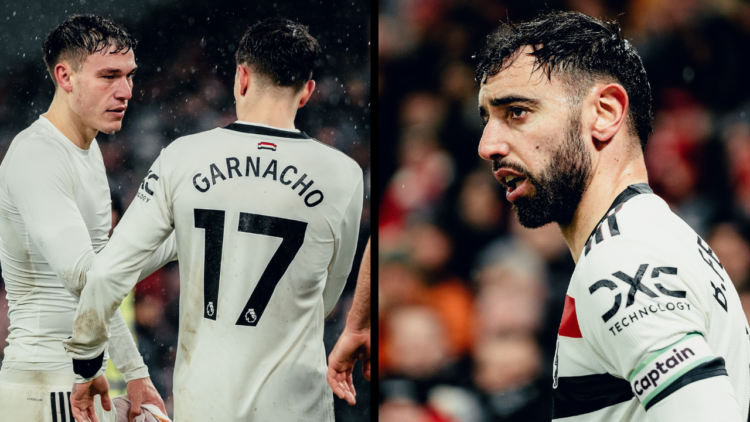 LIVERPOOL, ENGLAND - JANUARY 05: Bruno Fernandes of Manchester United in action during the Premier League match between Liverpool FC and Manchester...