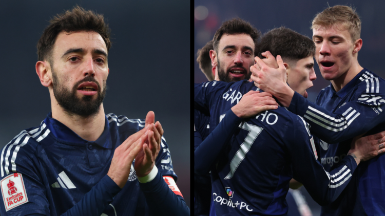 LONDON, ENGLAND - JANUARY 12: Bruno Fernandes of Manchester United applauds during the Emirates FA Cup Third Round match between Arsenal and Manche...