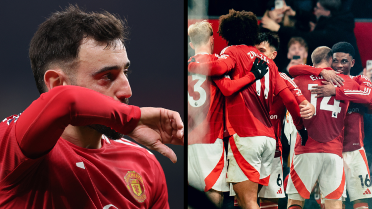 MANCHESTER, ENGLAND - JANUARY 16: Bruno Fernandes of Manchester United looks dejected as he leaves the pitch for half time during the Premier Leagu...
