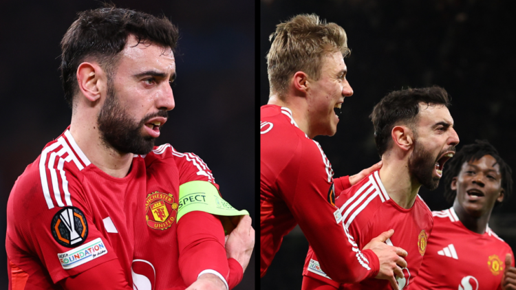 MANCHESTER, ENGLAND - JANUARY 23: Bruno Fernandes of Manchester United adjusts his UEFA captains armband during the UEFA Europa League 2024/25 Leag...