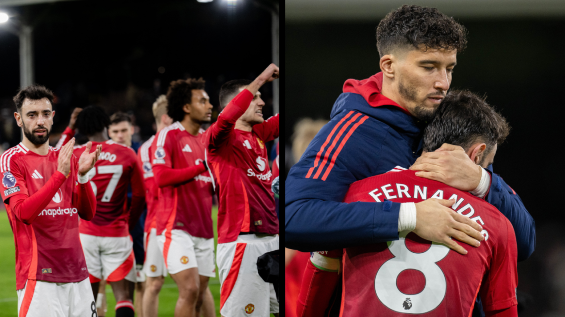 LONDON, ENGLAND - JANUARY 26: Bruno Fernandes of Manchester United applauds the fans with his team-mates at the end of the Premier League match bet...