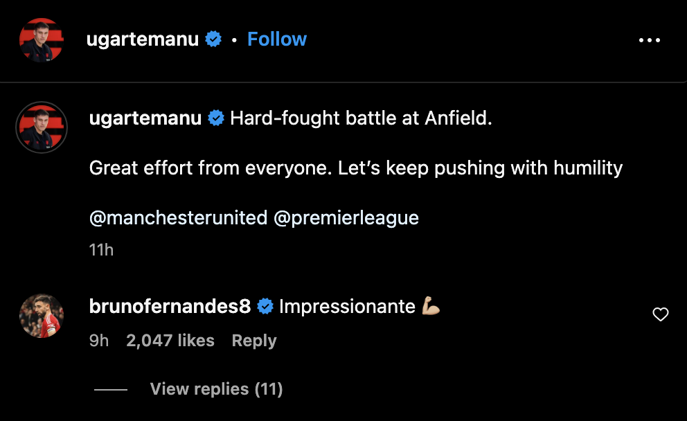 Bruno Fernandes’ message to Manchester United teammate Manuel Ugarte after the 2-2 draw against Liverpool. Credit: Instagram
