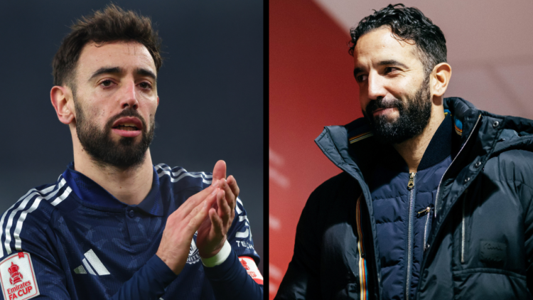 LONDON, ENGLAND - JANUARY 12: Bruno Fernandes of Manchester United applauds during the Emirates FA Cup Third Round match between Arsenal and Manche...
