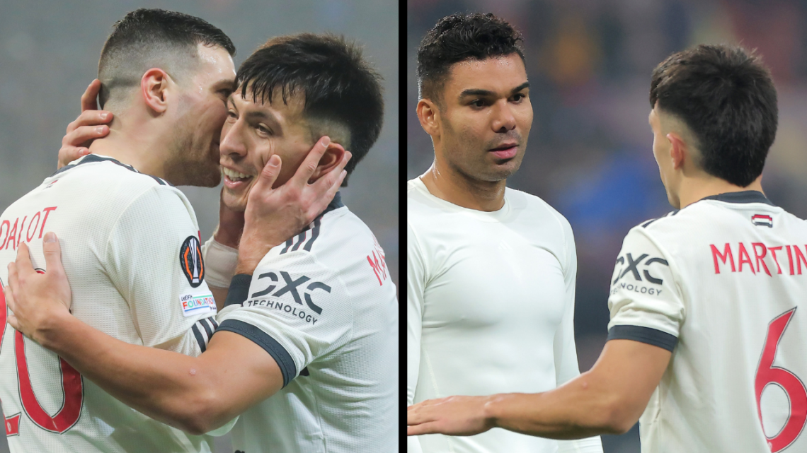 BUCHAREST, ROMANIA - JANUARY 30: Casemiro of Manchester United is spoken to by teammate Lisandro Martinez after the team's victory in the UEFA Euro...