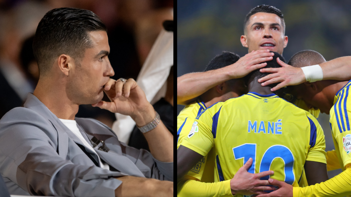 RIYADH, SAUDI ARABIA - JANUARY 09: Sadio Mane of Al-Nassr celebrates with teammate Cristiano Ronaldo after scoring his team's third goal during the...