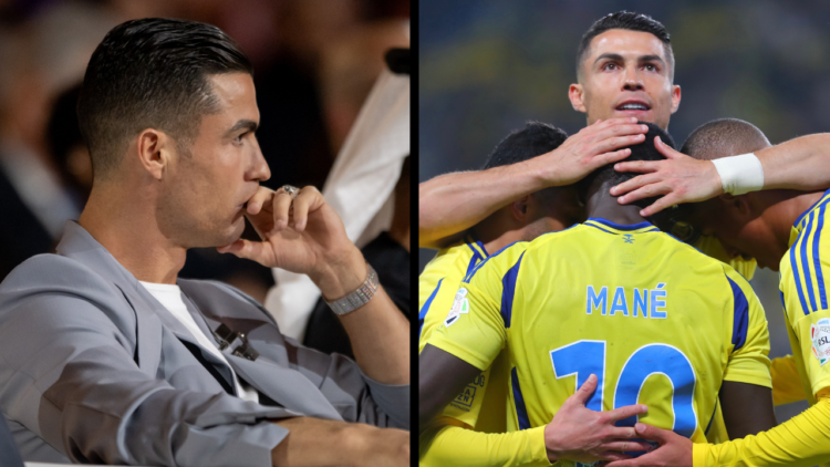 RIYADH, SAUDI ARABIA - JANUARY 09: Sadio Mane of Al-Nassr celebrates with teammate Cristiano Ronaldo after scoring his team's third goal during the...
