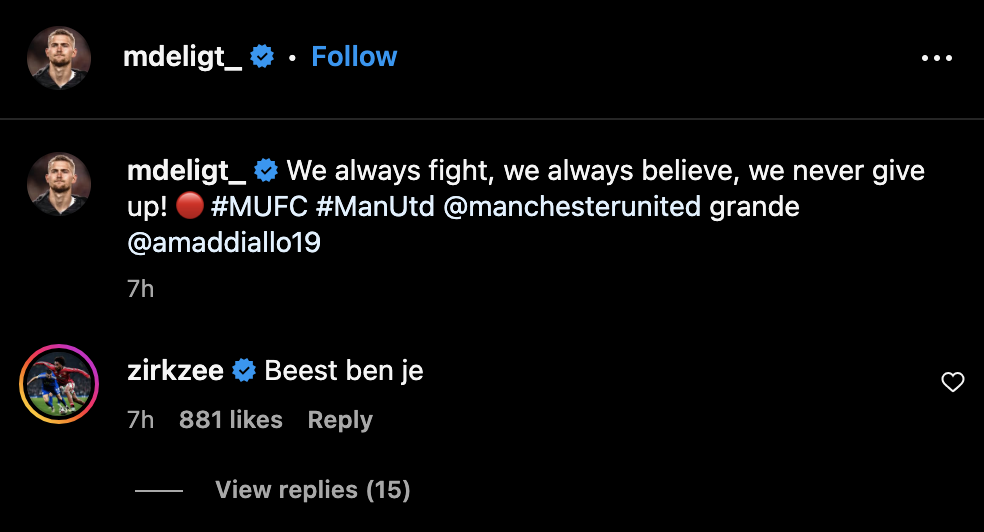 Matthijs de Ligt’s message to Manchester United fans and Joshua Zirkzee’s response. Credit: Instagram