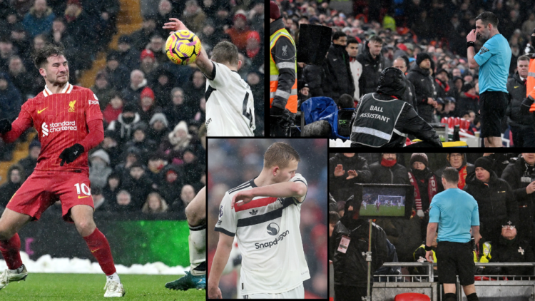 LIVERPOOL, ENGLAND - JANUARY 05: (THE SUN OUT, THE SUN ON SUNDAY OUT) Matthijs de Ligt of Manchester United commits handball which is reviewed by t...