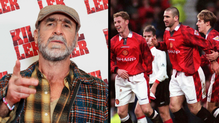 MANCHESTER, ENGLAND - December 21: Eric Cantona of Manchester United and Team-mates celebrate during the Premier League match between Manchester Un...