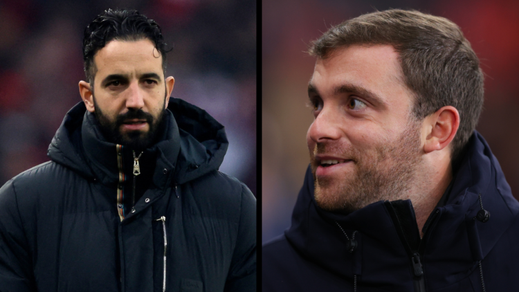 Manchester United's Portuguese head coach Ruben Amorim reacts ahead of the English FA Cup third round football match between Arsenal and Manchester...