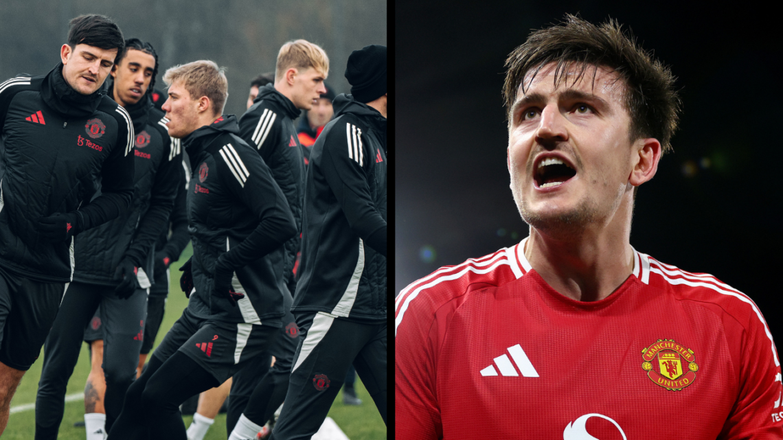 MANCHESTER, ENGLAND - JANUARY 22: Harry Maguire of Manchester United in action during the UEFA Europa League 2024/25 League Phase MD7 training and ...