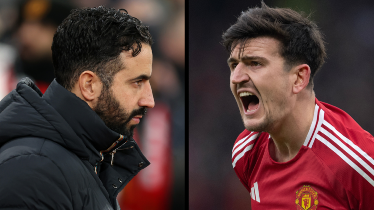 MANCHESTER, ENGLAND - JANUARY 19: Harry Maguire of Manchester United reacts during the Premier League match between Manchester United FC and Bright...
