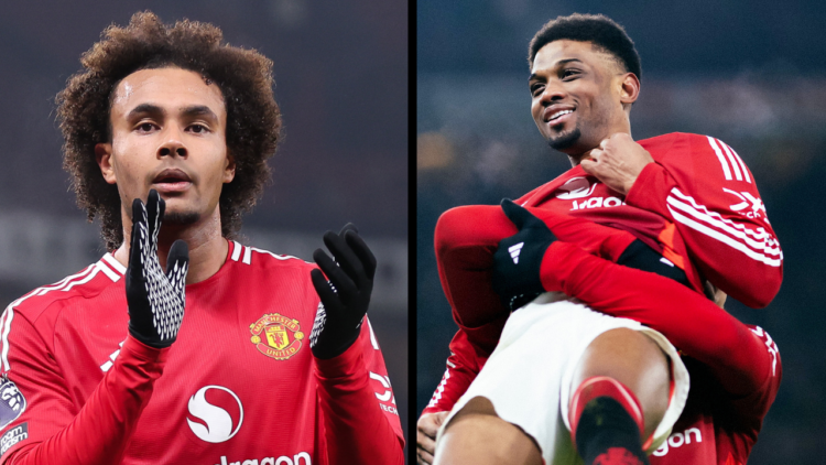 MANCHESTER, ENGLAND - JANUARY 16: Amad Diallo of Manchester United celebrates scoring his teams third goal with team mate Joshua Zirkzee during the...