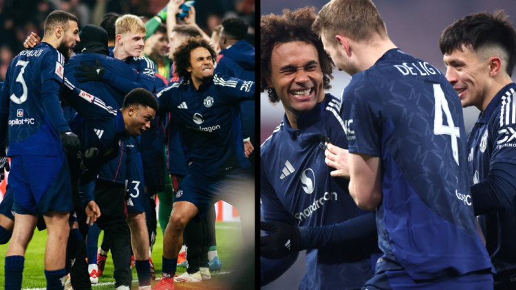 LONDON, ENGLAND - JANUARY 12: Noussair Mazraoui, Amad Diallo and Joshua Zirkzee of Manchester United celebrate victory following the Emirates FA Cu...