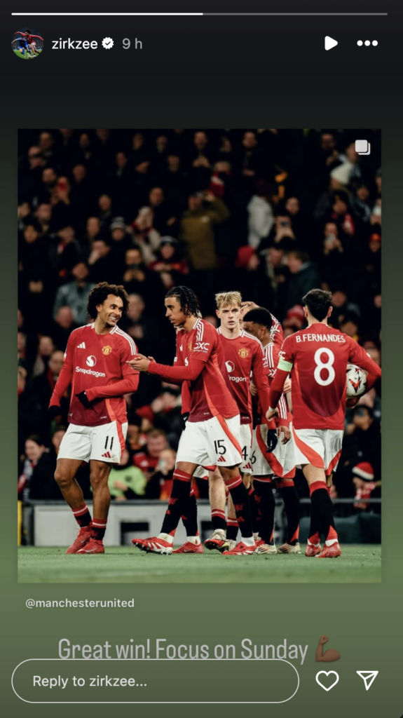 Joshua Zirkzee sends a message to Manchester United fans after the Europa League match against Rangers. Credit: Instagram
