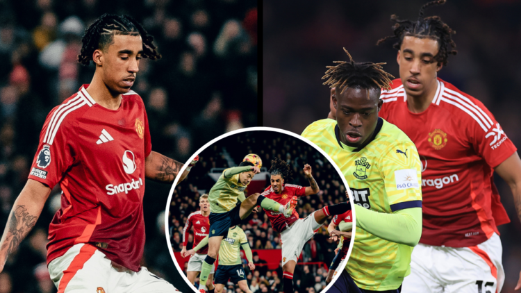 MANCHESTER, ENGLAND - JANUARY 16: Leny Yoro of Manchester United in action during the Premier League match between Manchester United FC and Southam...