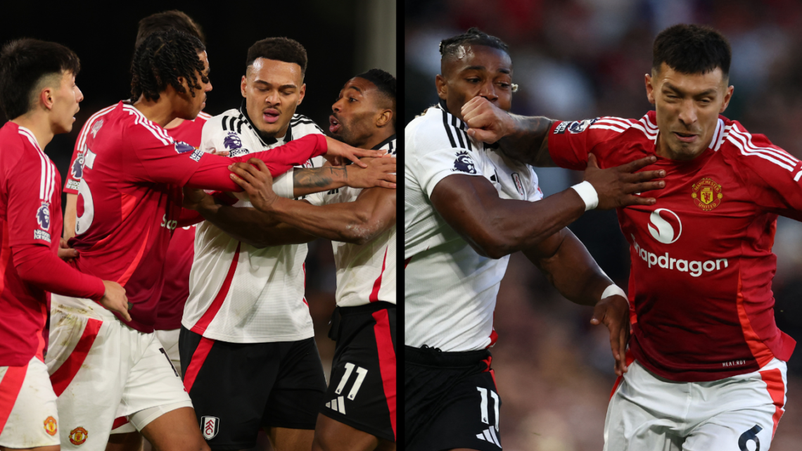 Fulham's Spanish midfielder #11 Adama Traore (L) vies with Manchester United's Argentinian defender #06 Lisandro Martinez (R) during the English Pr...