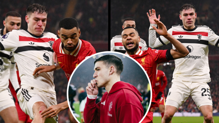 LIVERPOOL, ENGLAND - JANUARY 05: (THE SUN OUT, THE SUN ON SUNDAY OUT) Cody Gakpo of Liverpool is challenged by Manuel Ugarte of Manchester United d...