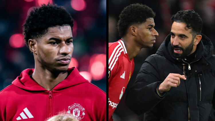 MANCHESTER, ENGLAND - NOVEMBER 28: Ruben Amorim, Head Coach of Manchester United, speaks to Marcus Rashford of Manchester United as he prepares to ...