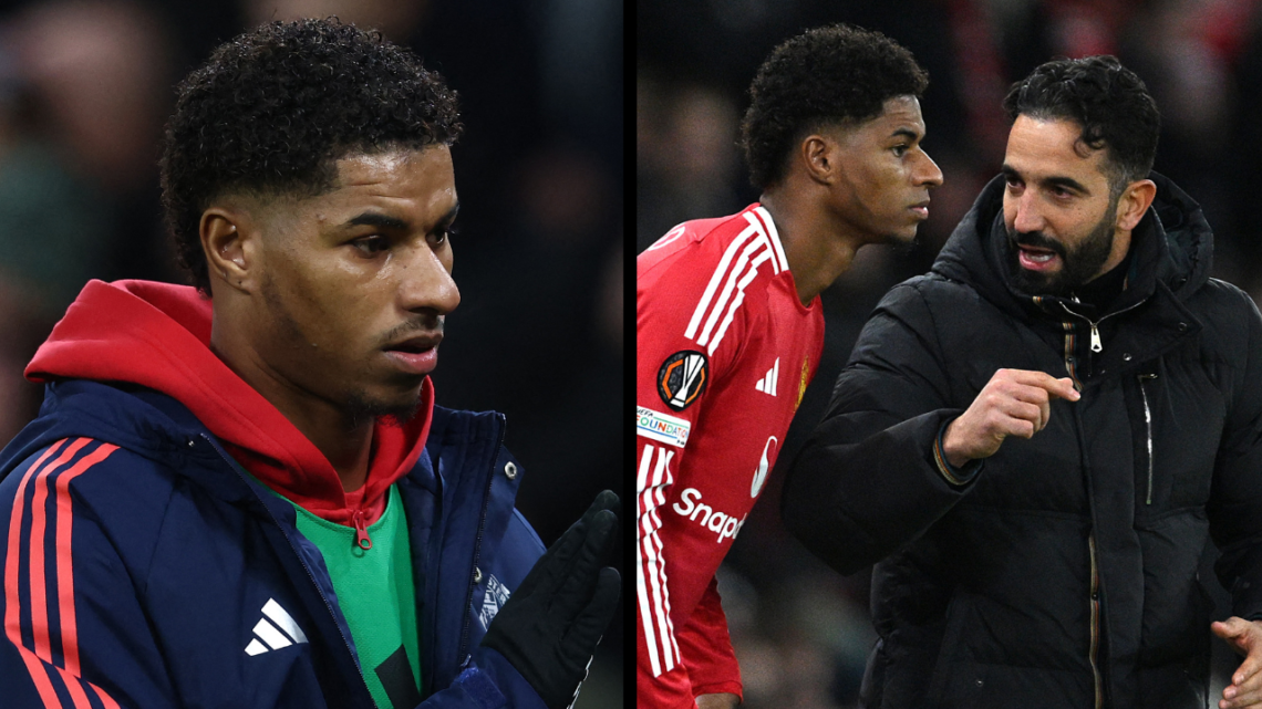 MANCHESTER, ENGLAND - NOVEMBER 28: Ruben Amorim, Head Coach of Manchester United, speaks to Marcus Rashford of Manchester United as he prepares to ...