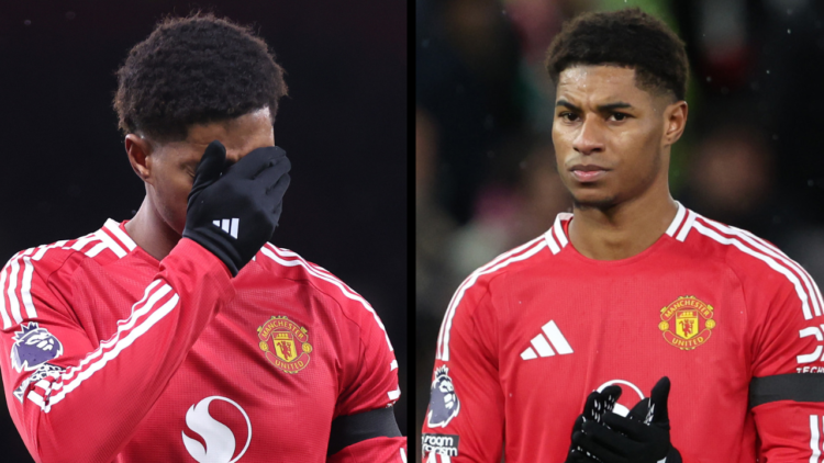 MANCHESTER, ENGLAND - DECEMBER 07: Marcus Rashford of Manchester United applauds the fans as he looks dejected after defeat to Nottingham Forest du...