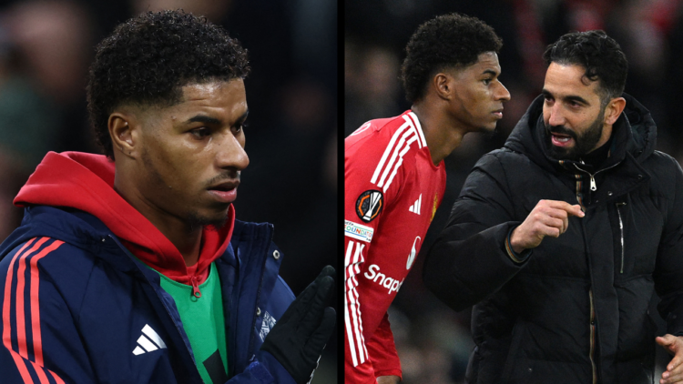 MANCHESTER, ENGLAND - NOVEMBER 28: Ruben Amorim, Head Coach of Manchester United, speaks to Marcus Rashford of Manchester United as he prepares to ...
