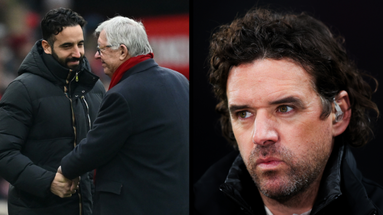 MANCHESTER, ENGLAND - JANUARY 19: Ruben Amorim, Manager of Manchester United, speaks with Sir Alex Ferguson, former manager of Manchester United pr...