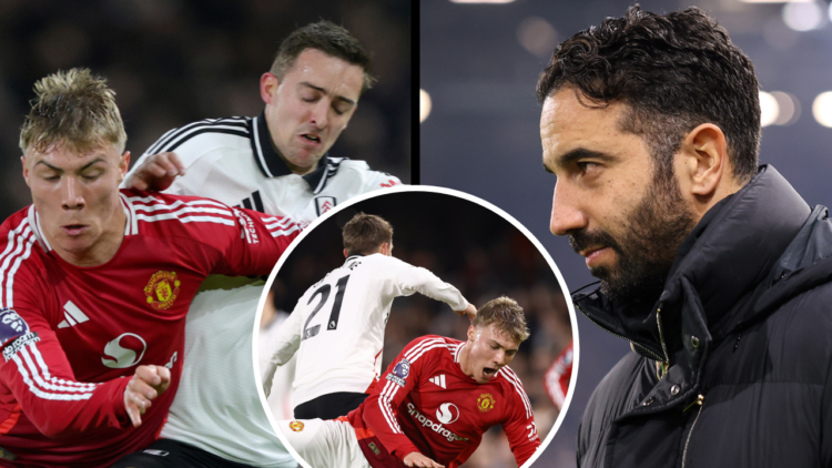 LONDON, ENGLAND - JANUARY 26: Rasmus Hojlund of Manchester United and Timothy Castagne of Fulham challenge during the Premier League match between ...