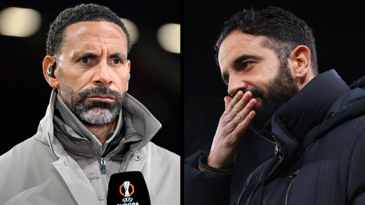 MANCHESTER, ENGLAND - JANUARY 23: TNT Sports commentator Rio Ferdinand looks on ahead of the UEFA Europa League 2024/25 League Phase MD7 match betw...