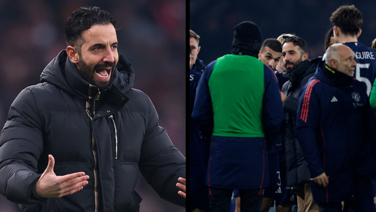 LONDON, ENGLAND - JANUARY 12: Ruben Amorim, Manager of Manchester United, gestures during the Emirates FA Cup Third Round match between Arsenal and...