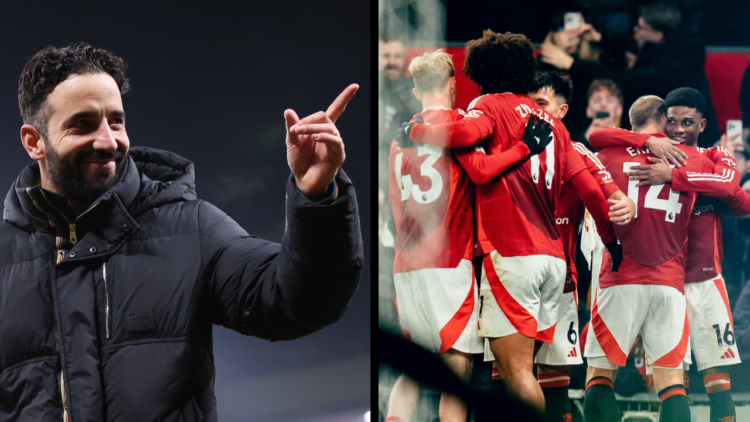 MANCHESTER, ENGLAND - JANUARY 16: Ruben Amorim, head coach of Manchester United, celebrates after the Premier League match between Manchester Unite...