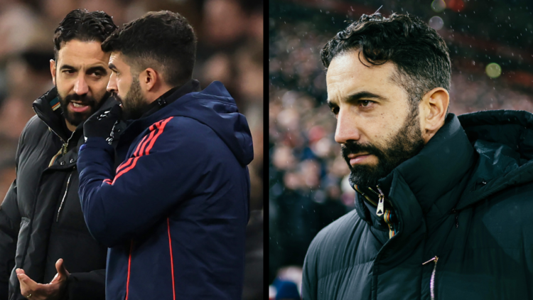 LONDON, ENGLAND - DECEMBER 19: Ruben Amorim Manager / Head Coach of Manchester United speaks with assistant coach Carlos Fernandes during the Carab...