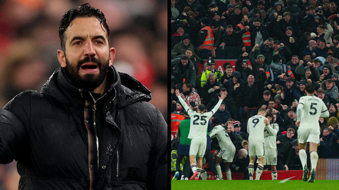 LIVERPOOL, ENGLAND - JANUARY 05: Ruben Amorim, Manager of Manchester United, reacts during the Premier League match between Liverpool FC and Manche...
