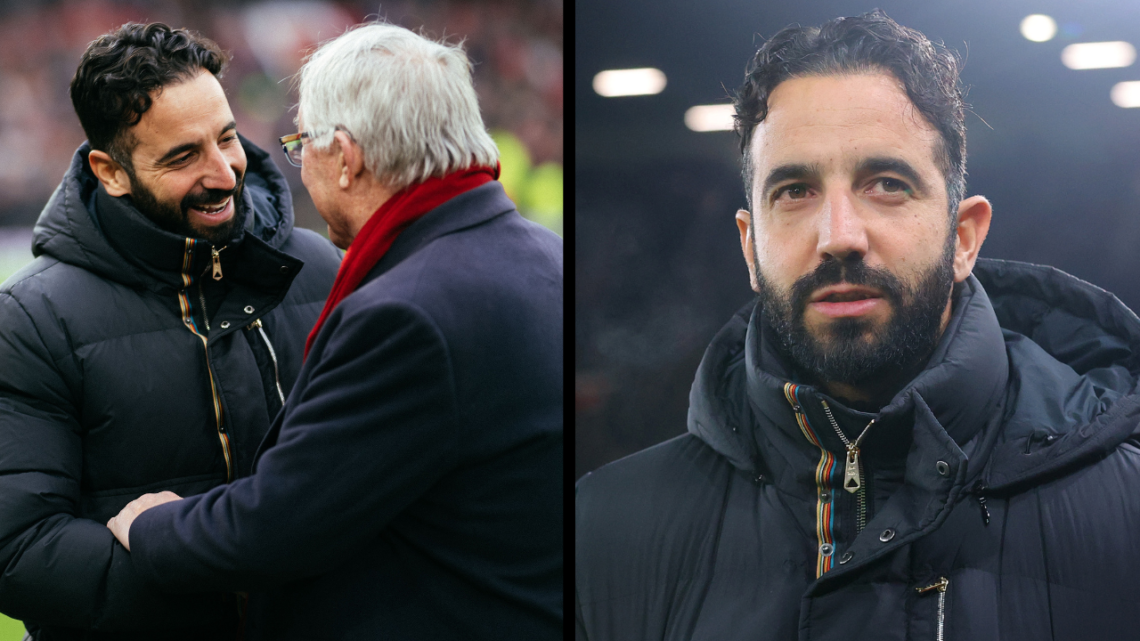 MANCHESTER, ENGLAND - JANUARY 19: Ruben Amorim, Manager of Manchester United interacts with Sir Alex Ferguson prior to the Premier League match bet...