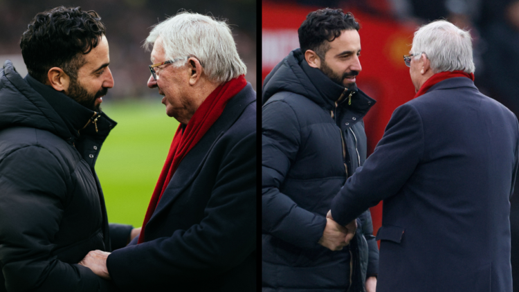 MANCHESTER, ENGLAND - JANUARY 19: Ruben Amorim, Manager of Manchester United and Sir Alex Ferguson on the side line before the Premier League match...