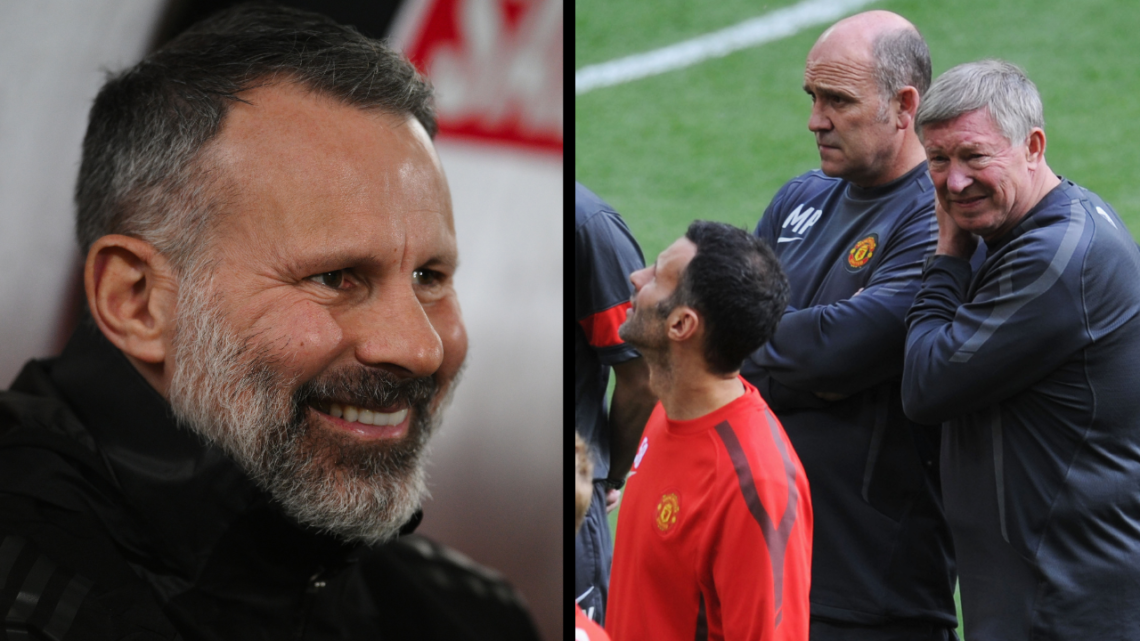LONDON, ENGLAND - MAY 27: Sir Alex Ferguson (R) manager of Manchester United looks on at player Ryan Giggs during a Manchester United training sess...